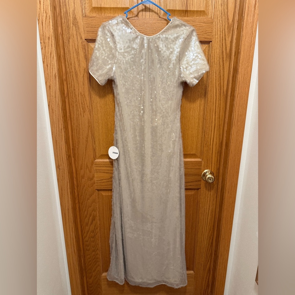 STAUD Silver Sequin Short-Sleeve Maxi Dress